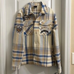 Smoke Rise Mens Plaid Varsity Flannel Shirt Jacket Cream Blue All Star Patch M